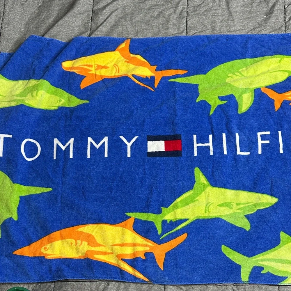 Tommy Hilfiger Blue Towel with Colorful Orange & Green Sharks 34”x 66”